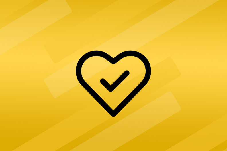 a check mark surrounded by a heart shape all against a yellow background