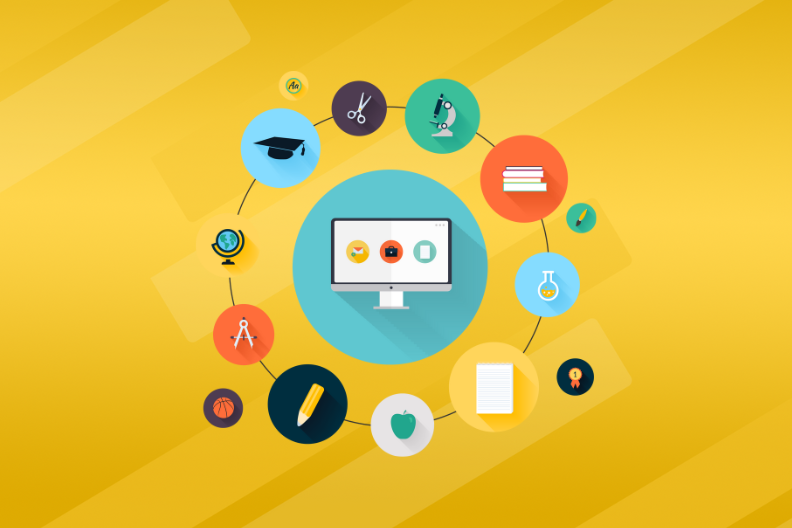 a computer is surrounded by items often seen in classrooms such as textbooks, lab equipment, a globe, etc.
