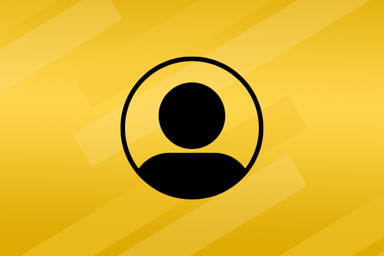 a black circle contains basic black shapes indicating a head and shoulders against a yellow background