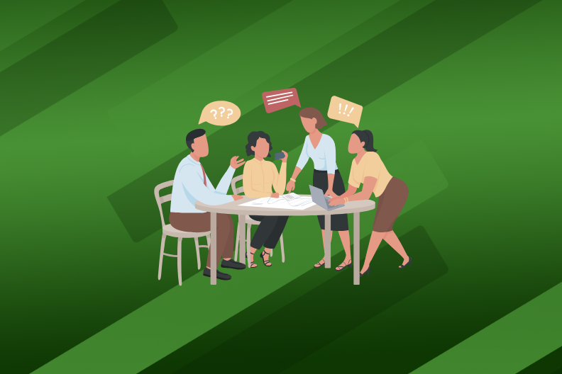 several people stand or sit around a table with speech bubbles indicating they are actively engaged in a discussion