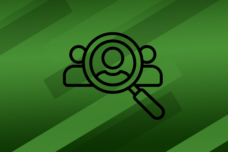 There are 3 human figures in a row.  A magnifying glass enlarges the middle one.