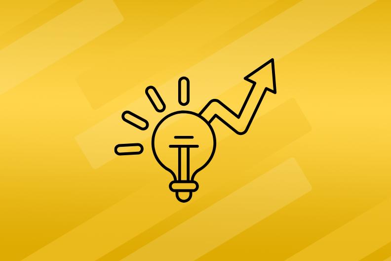 an arrow rises upward out of a light bulb against a yellow background