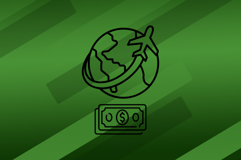 a plane soars around a globe with a dollar bill beneath the globe