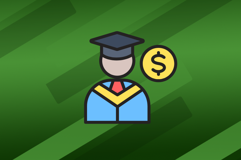 a figure in graduation robes beside a dollar sign