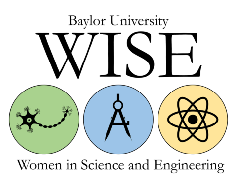 THe Women in Science and Engineering logo.  The word "WISE" in all caps, and three circles, each containing an image of a neuron, a drawing compass and an atom.