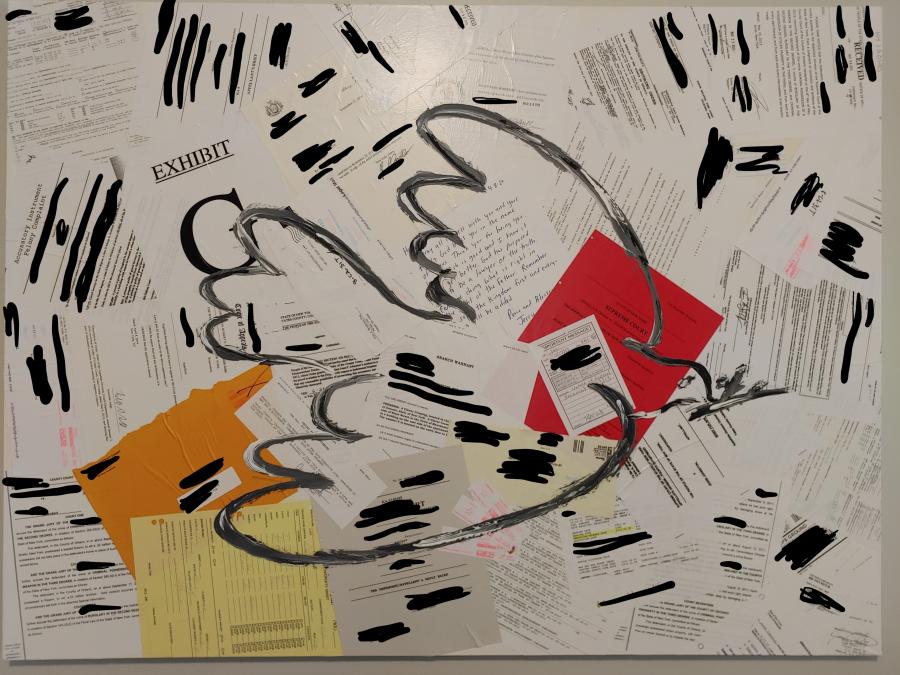 A collage of one participant’s various court records with Picasso’s “Dove of Peace” painted over top.