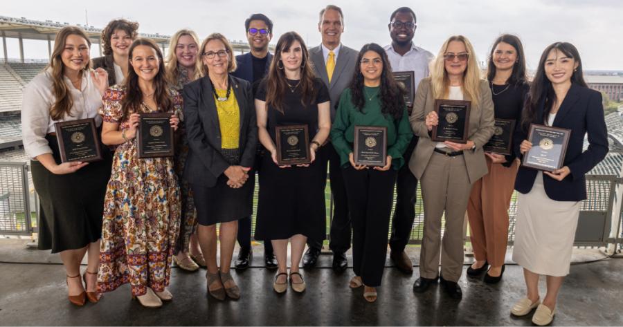 Left to Right:  Reilly Fitzpatrick, Dr. Kristyn Woytkewicz, Dr. Caroline Franks, Megan Sturdivant, Provost Nancy Brickhouse, Rudhresh Manoharan, Dr. Elizabeth Harrelson Magill, Graduate School Dean Michael Young, Blanca Radillo-Murguia, Dr. Wemimo Jaiyesimi, Dr. Ann Ward representing Dr. Matthew Reising, Kayla Haberman, Min Ou.  Not pictured: Dr. Heather Deal, Dr. Xi Zhu, Dr. Bikram Khanal