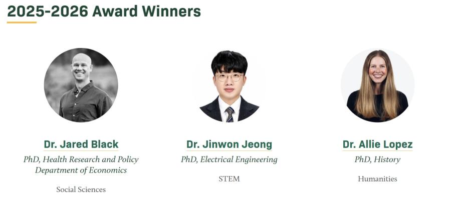 Three headshots in circles display the photos of the 2025-2026 Outstanding Dissertation Award winners