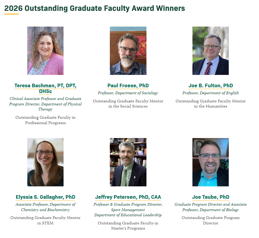 headshots of all six 2026 Outstanding Graduate Faculty Award Winners displayed in two rows with 3 photos per row